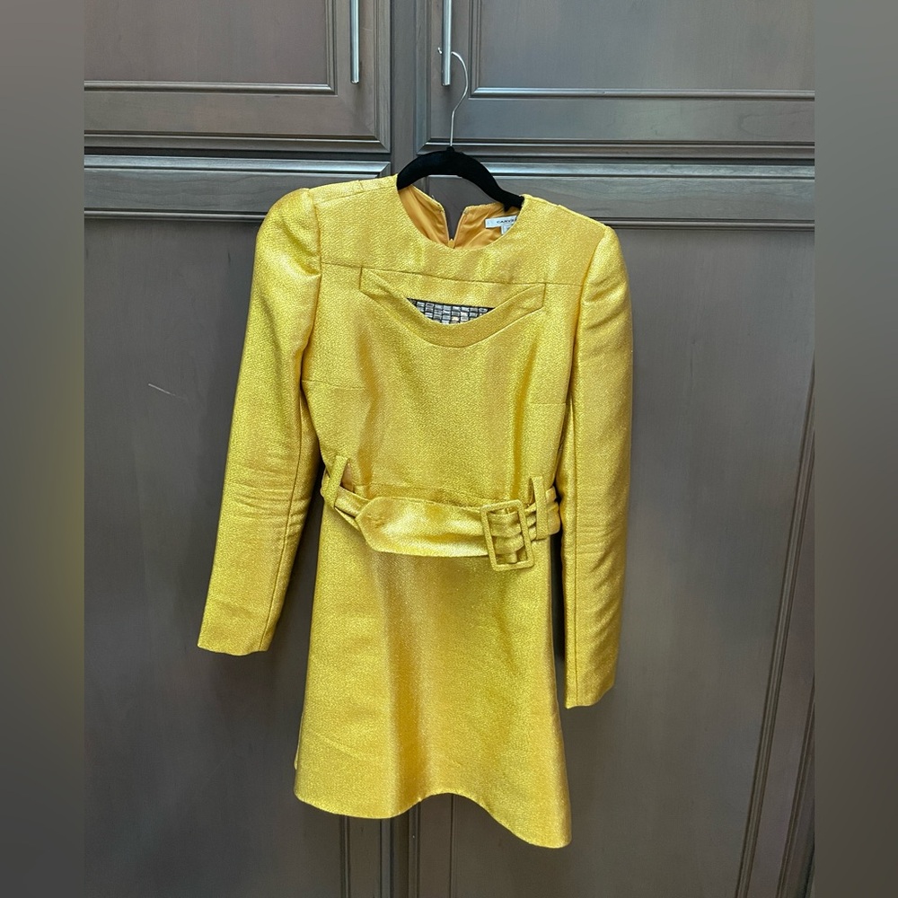 Carven Yellow Metallic Mini Belted Dress with Crystal Detail Size 38 - Picture 5 of 13